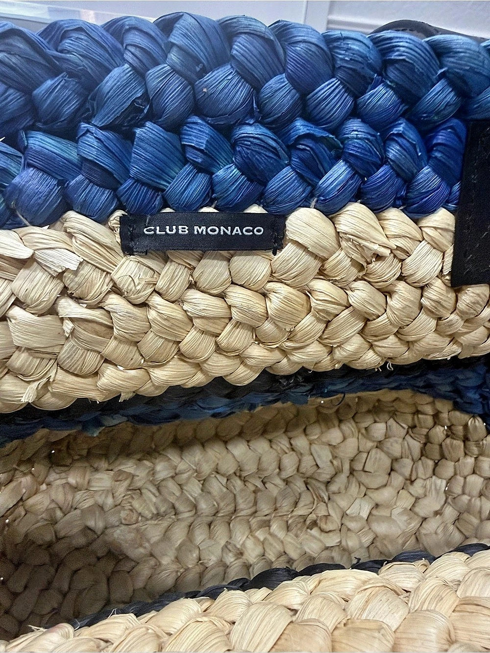 Club Monaco Striped Woven Straw Tote Blue & Cream - Picture 3 of 3